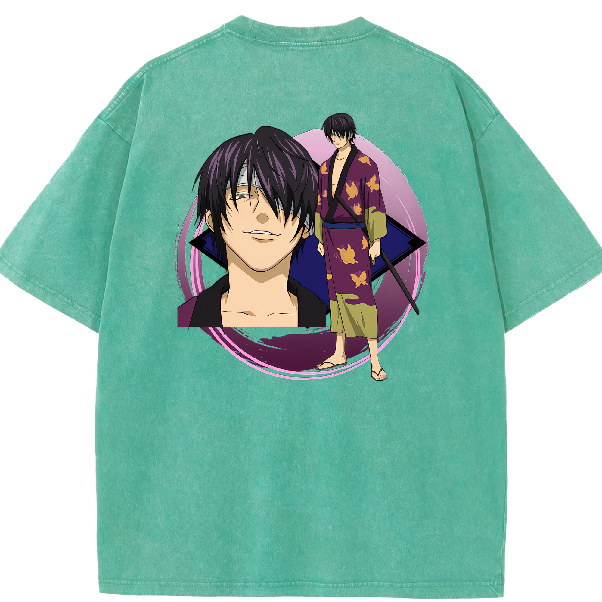 （画像用） ぎんたま 坂田銀時（さかたぎんとき） 神楽 志村新八（しむら しんぱち） GINTAMA Sakata Gintoki Kagura Shimura Shinpachi 綿100% ヴィンテージ風 半袖Tシャツ（背面プリント）